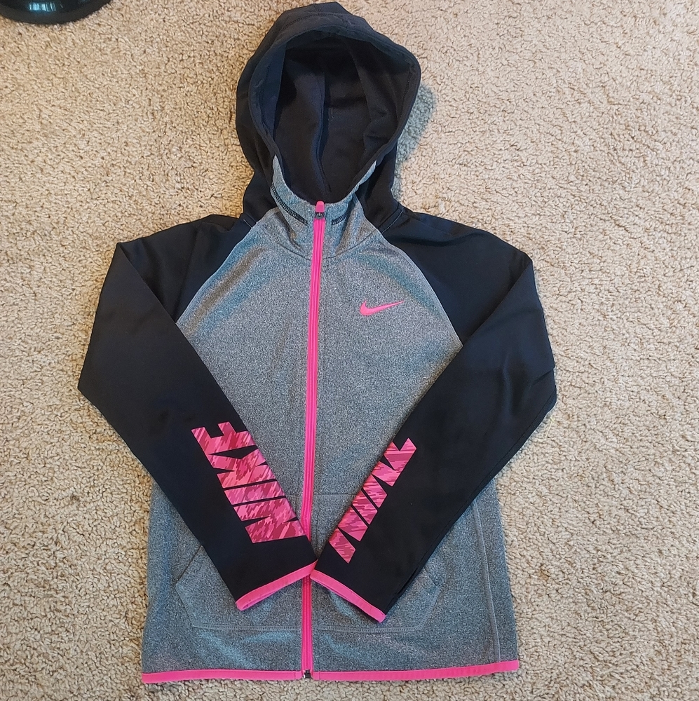 Nike Dri Fit Full Zip Hoodie Women's Medium M Pink Grey Black Athletic Running.